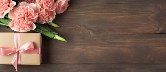 Poster - Mother's Day present displayed alongside a bunch of carnations and a note card. with copy space image. Place for adding text or design