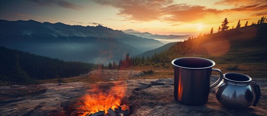 Poster - Two cups of coffee placed near a blazing campfire in a wilderness setting. with copy space image. Place for adding text or design