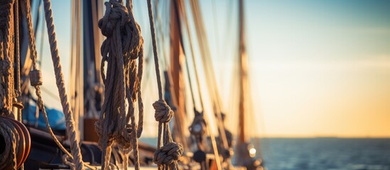 Aufkleber - Sailboat navigating with ropes and rigging on the water, showcasing its sails billowing in the wind. with copy space image. Place for adding text or design