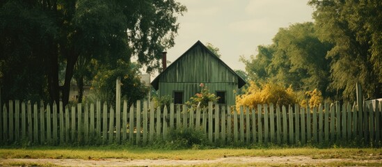 Poster - Old wooden house painted green with a matching roof obscured behind a wooden fence. with copy space image. Place for adding text or design