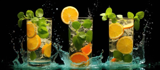 Poster - Three glasses filled with water, oranges, mint leaves, lemon slices, creating a refreshing summer drink. with copy space image. Place for adding text or design
