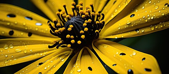 Aufkleber - Macro view of a vibrant yellow flower covered in glistening water droplets set against a black background. with copy space image. Place for adding text or design