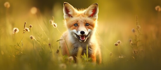 Aufkleber - Playful young fox happily exploring a meadow filled with vibrant green grass, exuding a sense of joy and freedom. with copy space image. Place for adding text or design