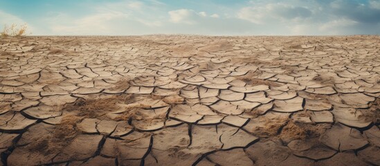 Poster - Dry, cracked ground contrasting with a clear blue sky, portraying drought and desertification as an ecological disaster. with copy space image. Place for adding text or design