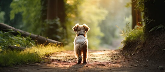Poster - Dog walking down a dirt road, surrounded by trees and a branch, view from behind with space above. with copy space image. Place for adding text or design