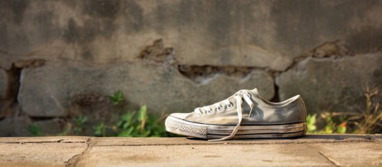 Aufkleber - Pair of clean white canvas sneakers placed on a rough stone background. with copy space image. Place for adding text or design