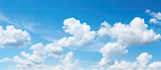 Fototapete - Sky filled with various shapes of white clouds above a lush green grass field. with copy space image. Place for adding text or design