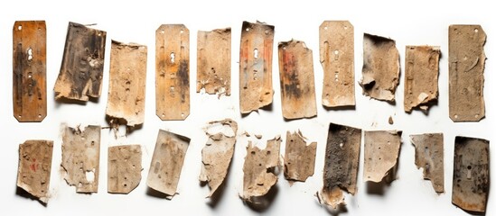 Poster - A close-up view of a collection of wooden pieces lying on a plain white surface. with copy space image. Place for adding text or design