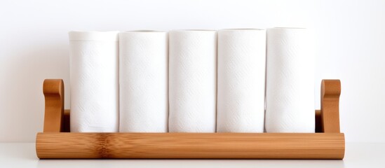 Aufkleber - White towels neatly stacked on a holder made of bamboo, providing a clean and organized look. with copy space image. Place for adding text or design
