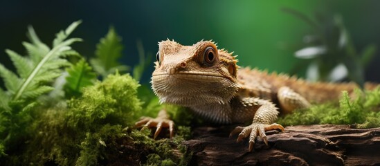 Fototapete - Lizard poised on a stone in a vibrant green setting. with copy space image. Place for adding text or design