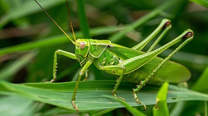Poster - Tettigonia viridissima Great green bushcricket Female Nymph sitting on grass long horned grasshoppers insect large species of katydid or bushcricket Scientific Tettigoniidae : Generative AI