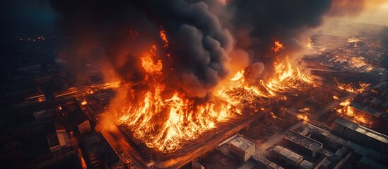 Poster - Intense fire consumes urban structures as firefighters battle the massive blaze from above. with copy space image. Place for adding text or design