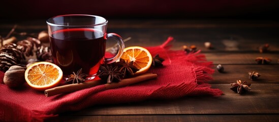 Poster - A detailed shot of a cup of tea garnished with fresh orange slices and cinnamon sticks. with copy space image. Place for adding text or design