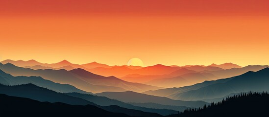 Wall Mural - Mountains in silhouette at sunset, with the sun setting behind them casting a golden glow over the horizon. with copy space image. Place for adding text or design