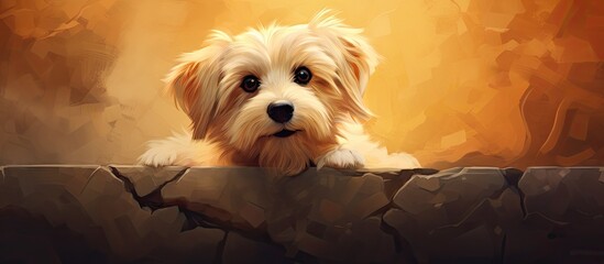 Poster - A cute and lovable pet dog is peeking over a wall, captivated by a bright light. with copy space image. Place for adding text or design