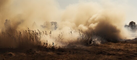 Poster - A fire truck is seen amidst smoke in a field following an explosion with hay scattered around. with copy space image. Place for adding text or design