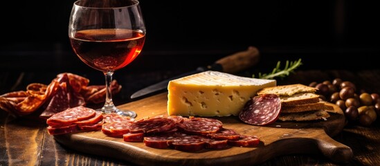 Aufkleber - Close-up of a glass of wine paired with a plate of assorted meats and cheeses, including Manchego cheese and chorizo, on a wooden board with a knife. with copy space image