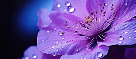 Aufkleber - Macro shot of a purple flower glistening with water droplets in a dimly lit environment. with copy space image. Place for adding text or design