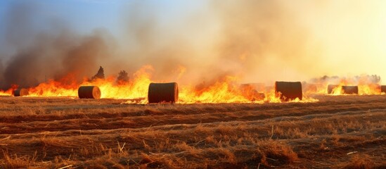 Poster - Truck with large tire moving on dirt path near burning fire in the field causing smoky residue. with copy space image. Place for adding text or design