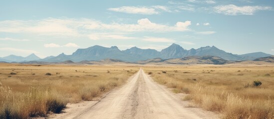 Fototapete - A car traversing a rough dirt road in a vast open field, leading towards towering mountains in the distance. with copy space image. Place for adding text or design