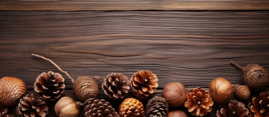 Aufkleber - Pine cones and nuts are displayed on a rustic wooden table in a close-up shot. with copy space image. Place for adding text or design