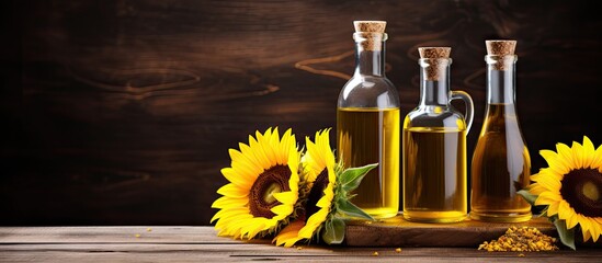 Fototapete - Sunflowers and sunflower oil arranged on a rustic wooden table surface. with copy space image. Place for adding text or design