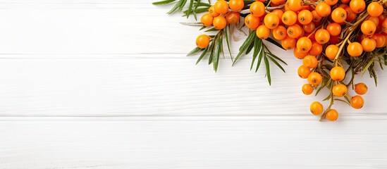 Aufkleber - A close-up view of a cluster of vibrant orange berries placed on a white wooden table surface. with copy space image. Place for adding text or design