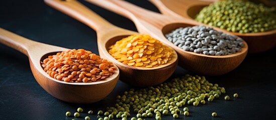 Leinwandbilder - Close-up image showcasing a wooden spoon filled with different types of beans, including lentils, as a bio product. with copy space image. Place for adding text or design