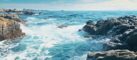 Aufkleber - Rough sea waves vigorously collide with large rocks along the rugged shore. with copy space image. Place for adding text or design
