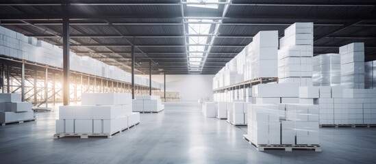 Poster - Rows of shelves filled with boxes in a clean, structured warehouse setting with smooth boxes. with copy space image. Place for adding text or design