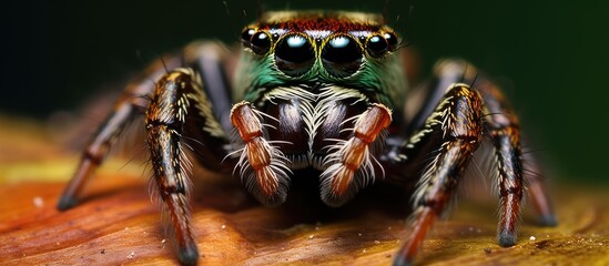 Aufkleber - Macro shot of a jumping spider showcasing a vivid green and red head with a sharp focus on its eyes. with copy space image. Place for adding text or design