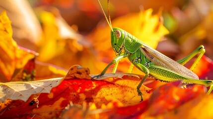Poster - A green grasshopper sitting on autumn coloured leaf Grasshopper in nature : Generative AI