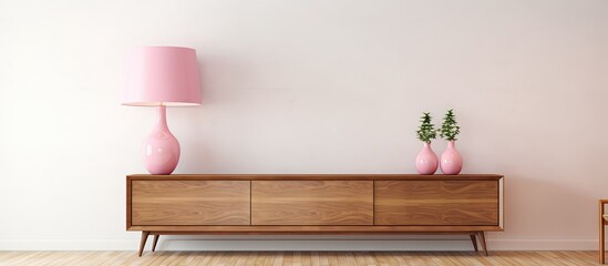Fototapete - Pink lamp placed on a stylish wooden cabinet in a contemporary living space with a retro ceiling lamp and space for a sofa. with copy space image. Place for adding text or design