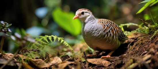 Aufkleber - A bird, Sabah Partridge Tropicoperdix graydoni, standing on a pile of leaves in its natural habitat. with copy space image. Place for adding text or design