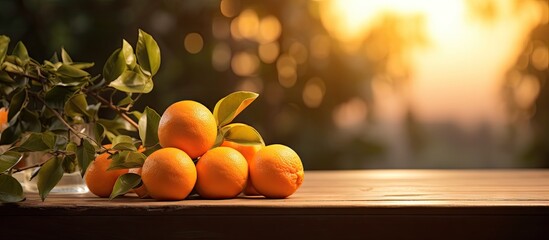 Fototapete - Numerous oranges arranged on a tabletop, some displaying long sunset hues, in a garden setting. with copy space image. Place for adding text or design