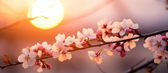 Fototapete - Soft hues of the setting sun illuminate the elegant sakura blossoms in a captivating close-up shot. with copy space image. Place for adding text or design