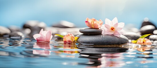 Fototapete - Stones featuring delicate water flowers, creating a serene and harmonious natural scene in a tranquil environment. with copy space image. Place for adding text or design