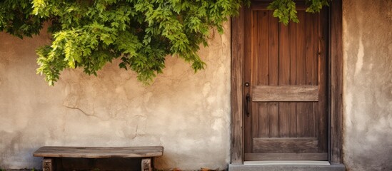 Poster - Old wooden door featuring a small window and porch area in a rustic setting. with copy space image. Place for adding text or design