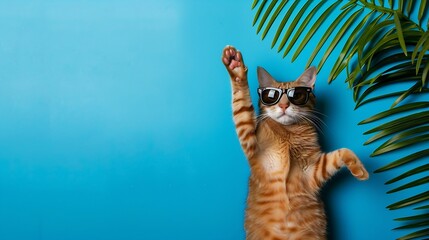 Funny cat wearing sunglasses sitting on blue background under the palm leaves with a raised paw Summer Sale advertisment discount special offer promotion Creative trendy banner Copy sp : Generative AI