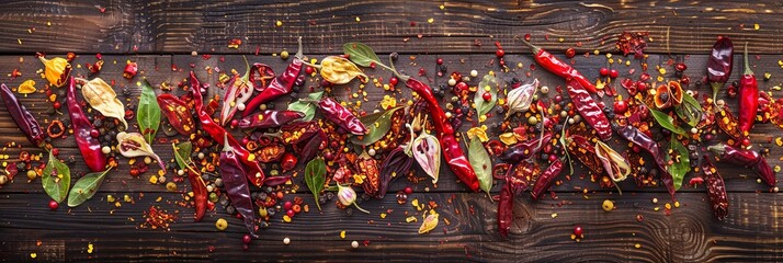 Poster - A vibrant collection of fresh and dried chili peppers of various types and colors are arranged on a rustic wooden surface. Generative AI