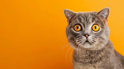 Poster - Cute british shorthair cat portrait looking surprised or shocked on an orange background with copy space : Generative AI