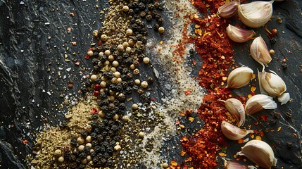 Aufkleber - A close-up shot of black pepper, garlic, and paprika spices arranged on a black slate surface. Generative AI