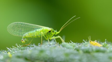 Poster - Green Lacewing Chrysopa perla hunting for aphids It is an insect in the Chrysopidae family The larvae are active predators and feed on aphids and other small insects : Generative AI