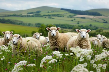 Sheep in Meadow A peaceful scene with a flock of sheep grazing in a meadow filled with wildflowers, set against a backdrop of rolling hills