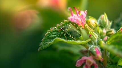 Poster - Common Green Shieldbug young one not yet fully grown Note the camouflage colours make it hard to see on the leaf : Generative AI