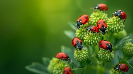 Wall Mural - Macro photo of several red insects on top of a green flower Insects on a green plant Closeup zoom photo focusing on insects on top of a plant : Generative AI