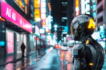 Poster - Futuristic robot AI in neon lit city street advanced technology urban nightscape cybernetic life digital era sci fi ambiance tech evolution modern city high tech surroundings innovation