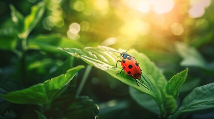 Poster - Natural closeup on the red firebug Pyrrhocoris apterus sitting on a leaf in the garden : Generative AI