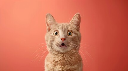 Poster - Portrait of a beige cat with a shocked expression on a colored background Cat face meme concept : Generative AI