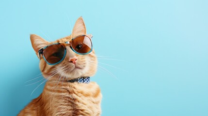 Portrait of cute ginger cat in stylish sunglasses on light blue background closeup : Generative AI